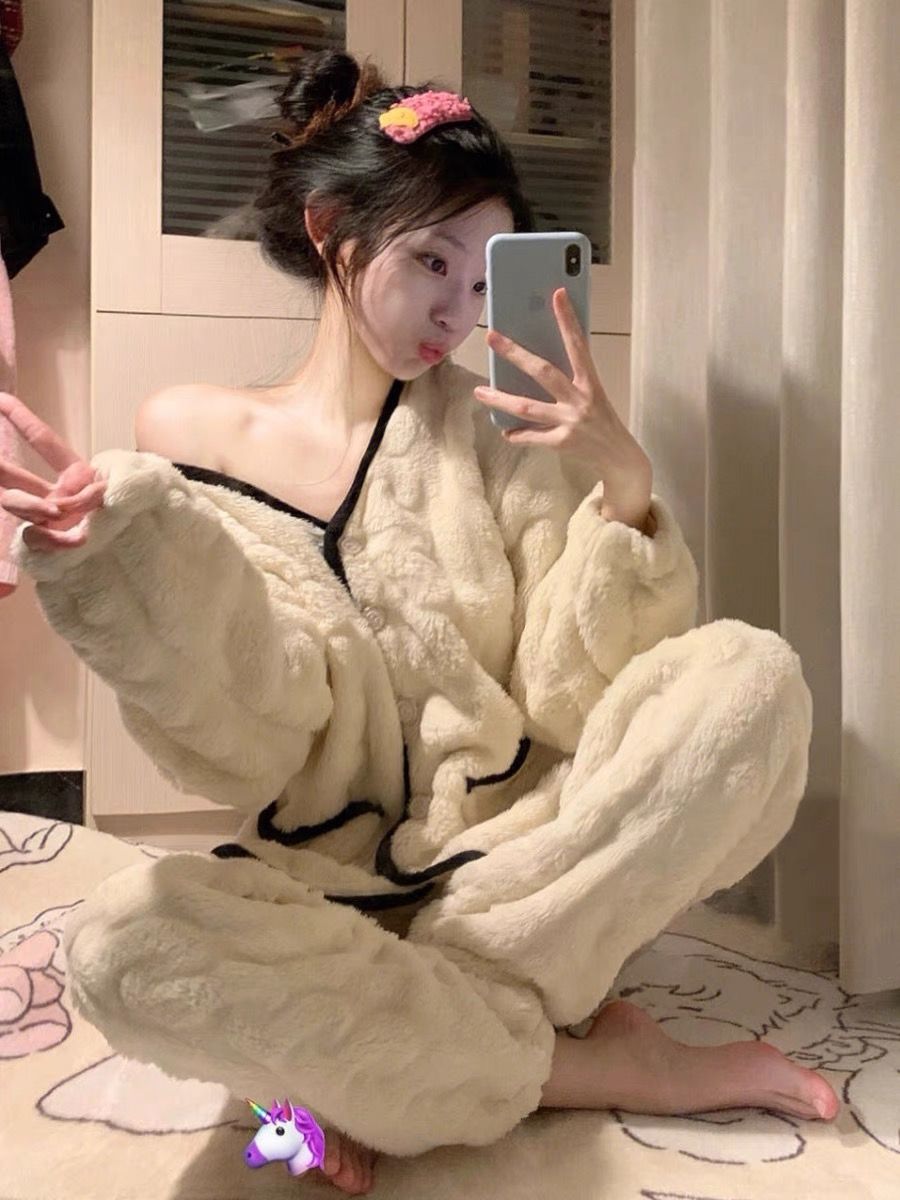 加絨加厚秋冬季新款珊瑚絨睡衣女士學生ins宿舍可外穿家居服套裝
