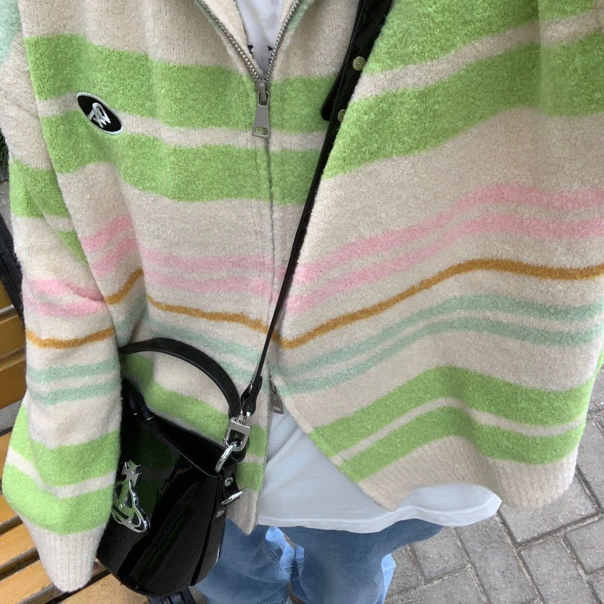 小眾設計條紋冰淇淋色條紋針織開衫秋冬寬鬆慵懶風毛衣外套潮百搭
