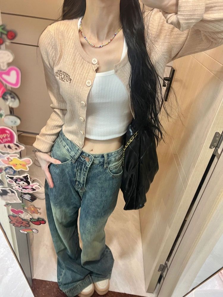 美式復古辣妹針織開衫女秋季2023新款設計感小眾修身顯瘦短款外套