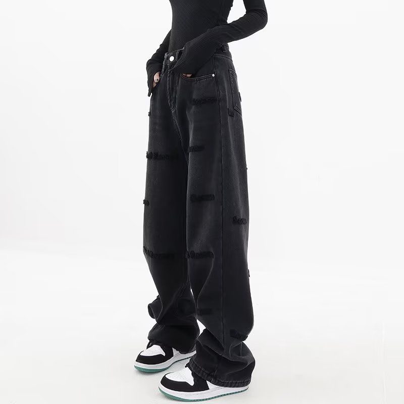 黑色字母刺繡牛仔褲女春秋大碼胖mm復古直筒寬鬆高腰休閒闊腿褲子