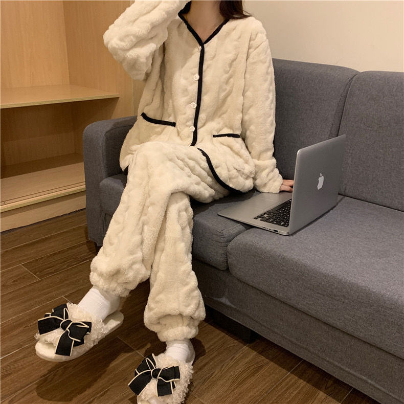睡衣女法蘭絨秋冬季加厚可愛韓版可外穿學生宿舍珊瑚絨家居服套裝