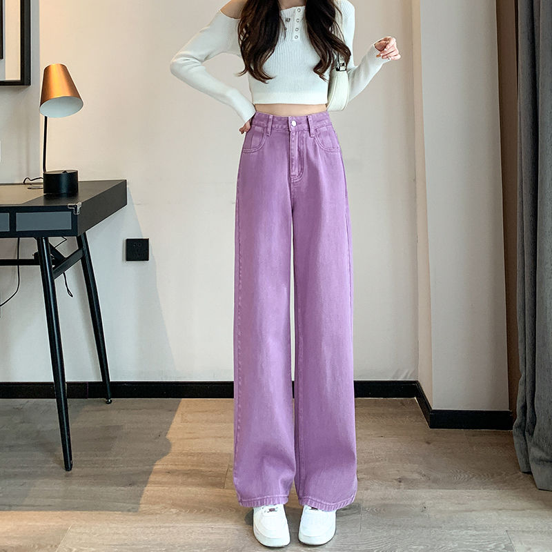 顯瘦寬鬆拖地闊腿褲2023高腰紫色直筒牛仔褲女ins風夏季新款韓式