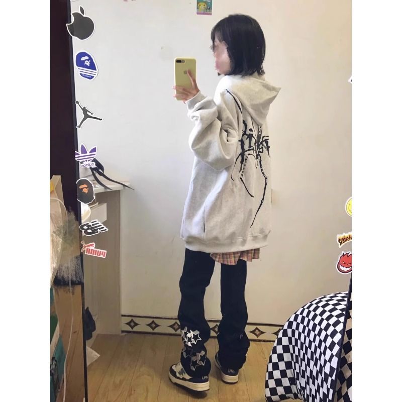 秋冬新款潮牌小眾設計感美式高街拉鏈連帽印花外套寬鬆百搭上衣女