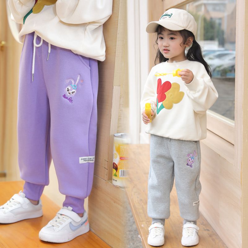 Girls' spring and autumn trousers, autumn and winter velvet children's style sports pants, thickened baby girl's casual outer trousers