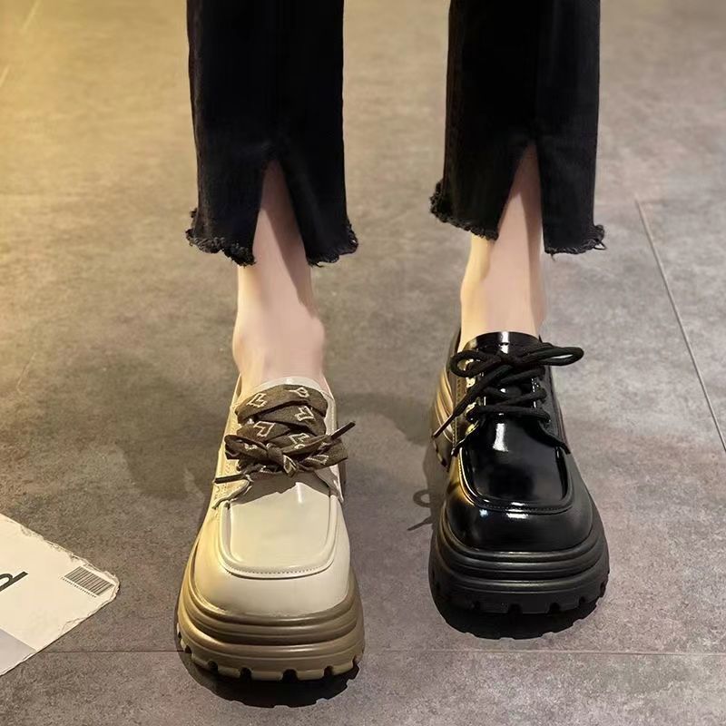 JVBG黑色牛津鞋女鞋2023新款系帶復古瑪麗珍小皮鞋樂福鞋單鞋 潮
