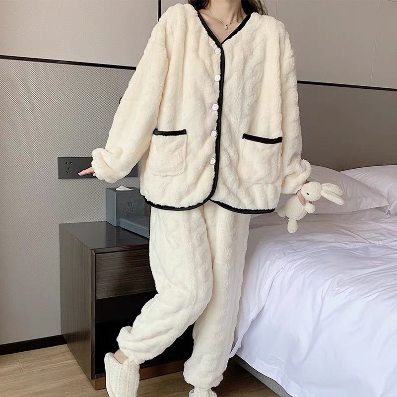 新款珊瑚絨睡衣女秋冬季加絨加厚法蘭絨可外穿保暖家居服套裝冬天