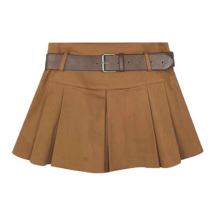 Brown American Retro Pleated Miniskirt Little Women Summer College Style High Waist Hot Girl A-Line Skirt