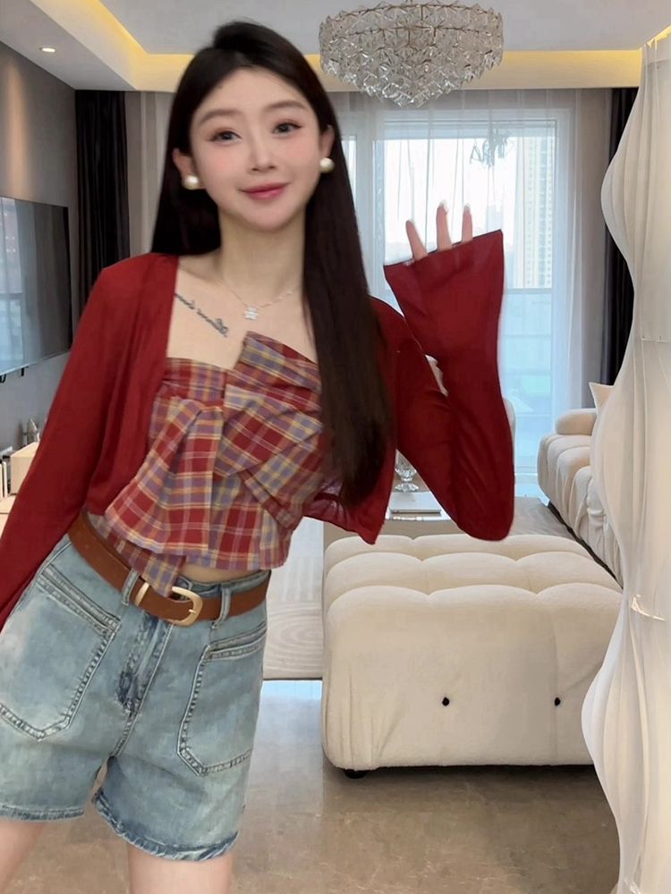 港風復古撞色格子扭結抹胸吊帶背心女秋季寬鬆薄款長袖開衫兩件套