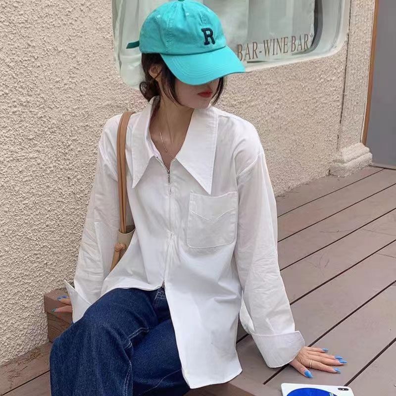 CONGRAZIO設計感polo領襯衫女秋季新款韓版不規則雙拉鏈長袖襯衣