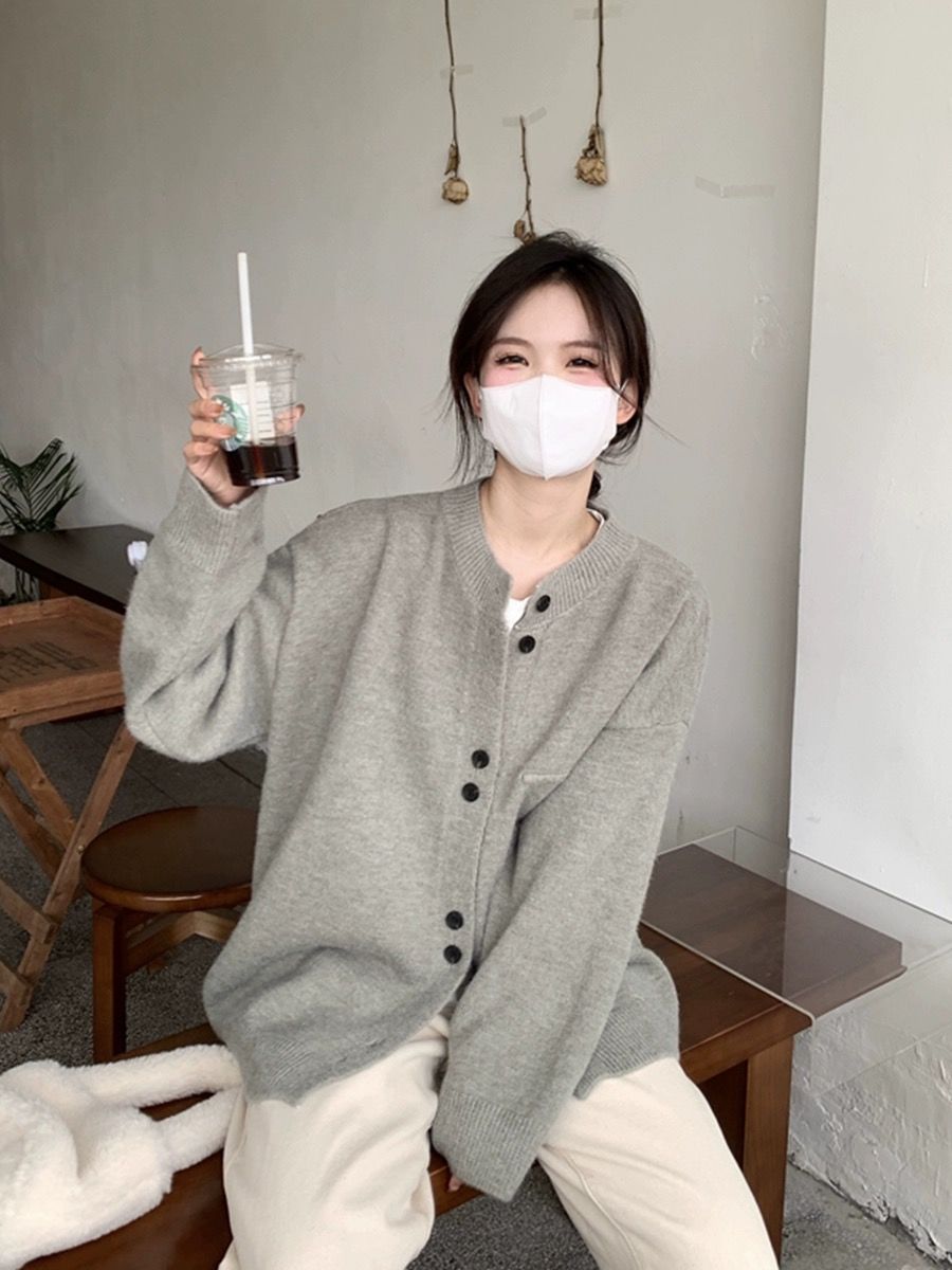 灰色寬鬆慵懶風日系針織開衫女春秋軟糯小香風毛衣外套設計感上衣