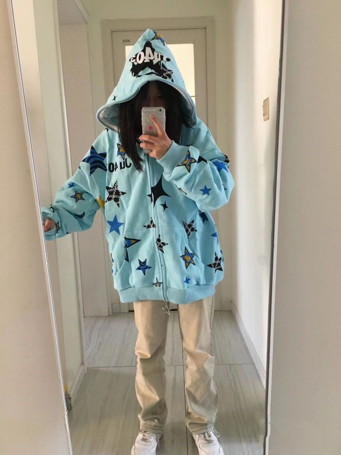 American trendy star-printed double-hooded sweatshirt for women in autumn Harajuku style casual loose couple cardigan jacket ins