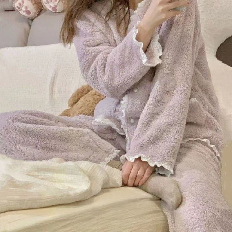 紫色法蘭絨睡衣女冬季珊瑚絨2023年新款加絨加厚女款家居服套裝秋