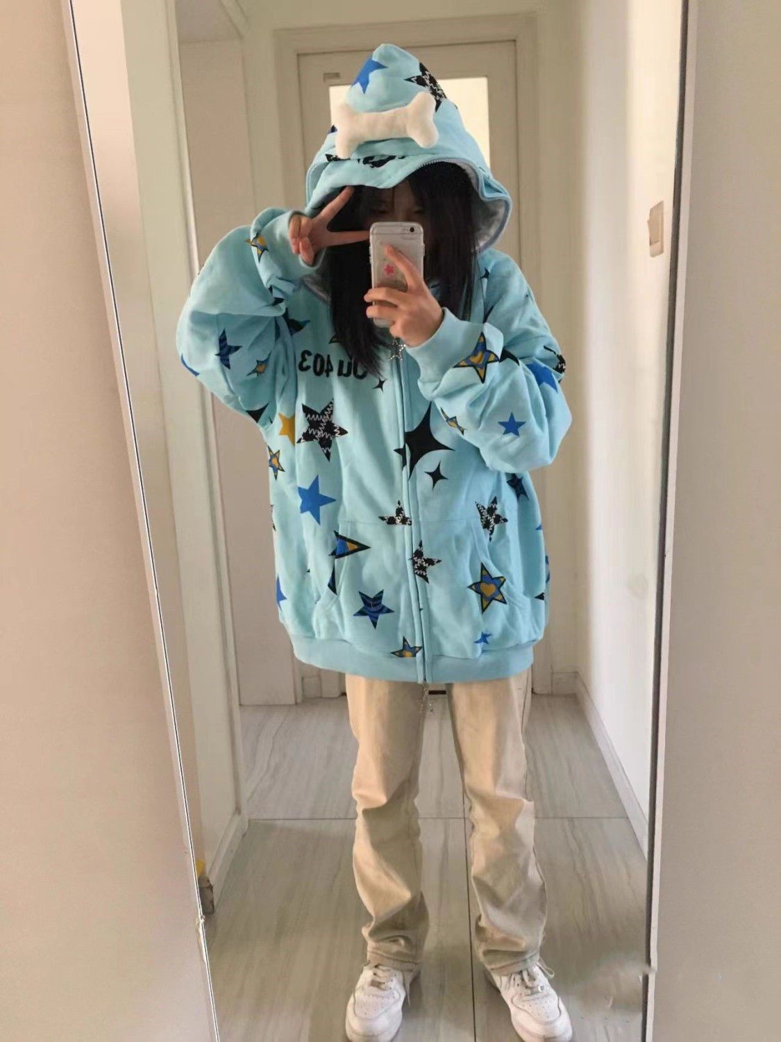 American trendy star-printed double-hooded sweatshirt for women in autumn Harajuku style casual loose couple cardigan jacket ins