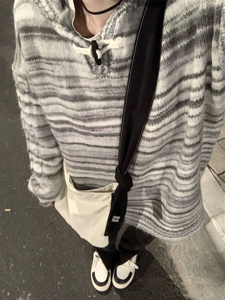 條紋連帽毛衣女春秋2023新款日系復古慵懶風高級感超好看針織上衣