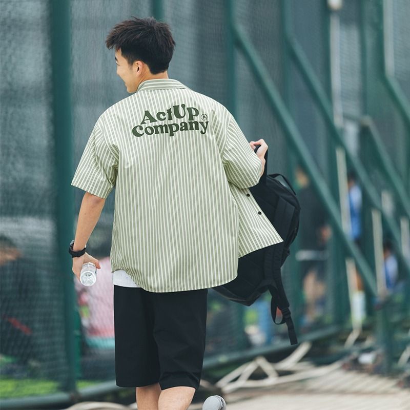 呂小虎鹽系豎條紋短袖襯衫男cityboy夏季潮牌ins寬鬆休閒襯衣外套