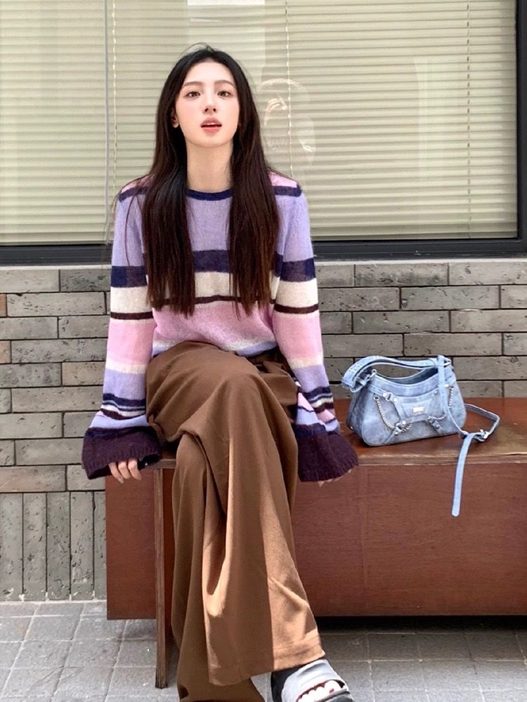 軟糯撞色條紋毛衣女早秋2023年新款慵懶風短款針織打底衫正肩上衣