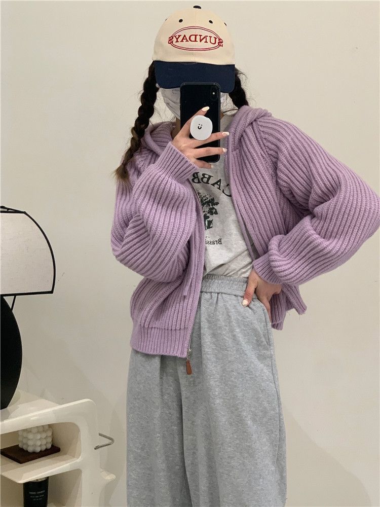 小眾純色連帽針織衫女2023年新款韓版短款毛衣小個子氣質開衫外套