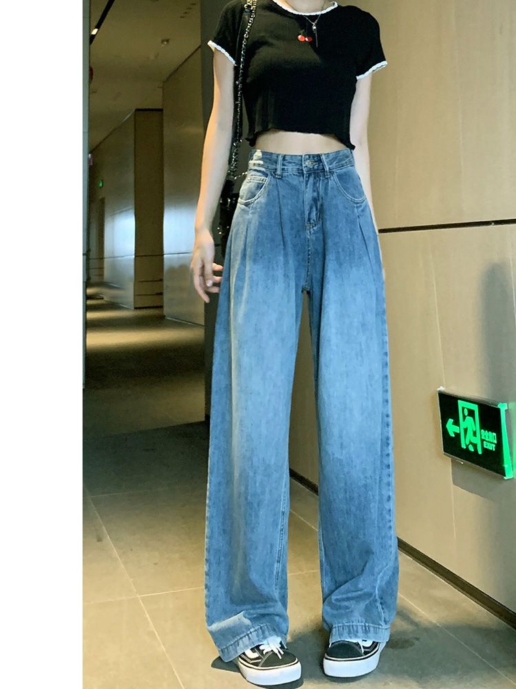 美式闊腿牛仔褲女春秋2023年新款復古高腰顯瘦寬鬆大碼直筒拖地褲