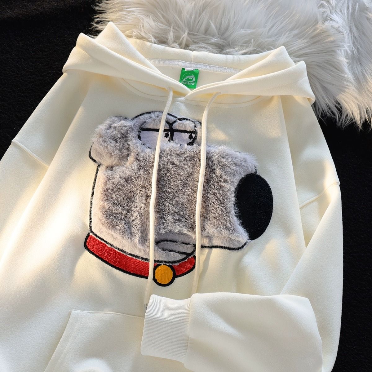 美式新款植絨卡通小狗刺繡連帽衛衣男女秋冬季學院風情侶裝上衣潮