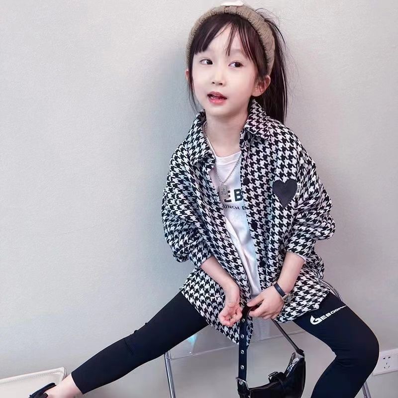 Houndstooth girls autumn jacket 2023 new style medium and large children autumn style fashionable plaid shirt cardigan