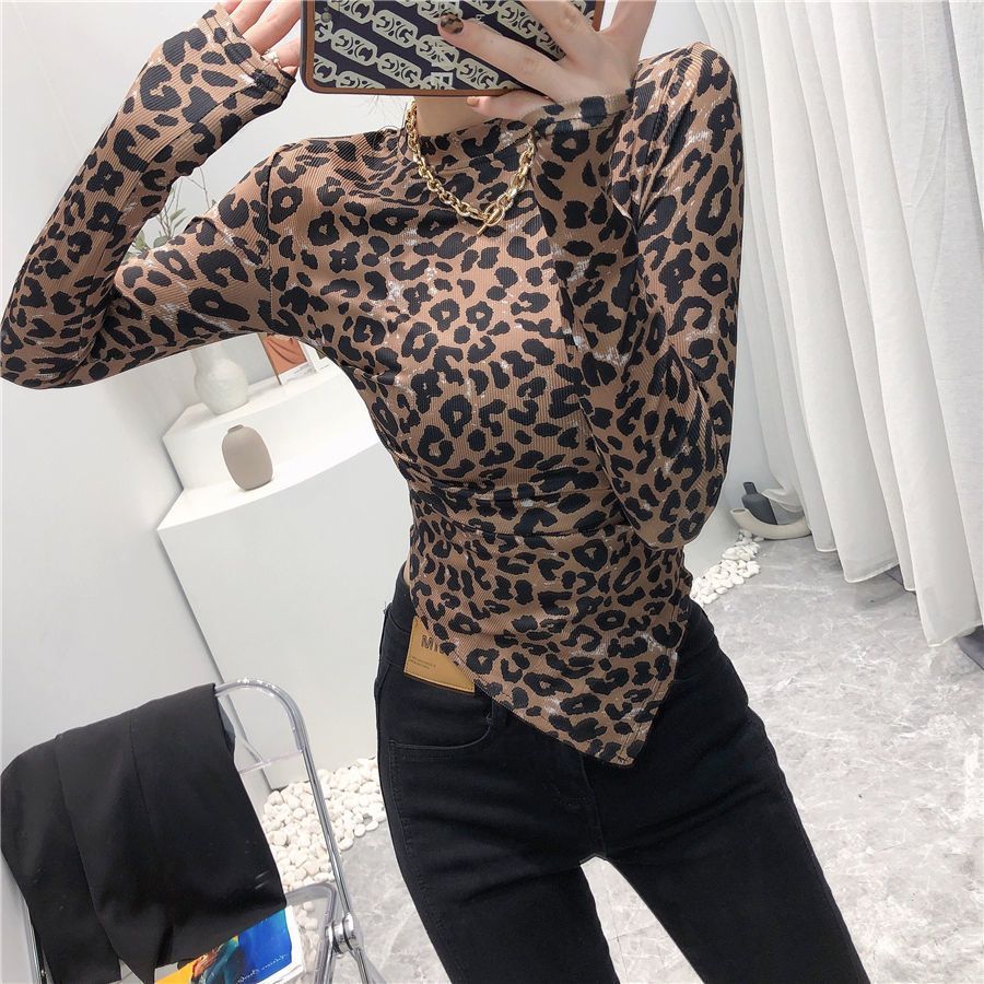 圓領設計感小眾豹紋長袖T恤女2023秋裝新款打底衫不規則內搭上衣