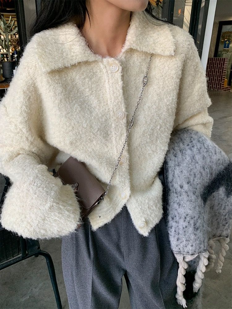 翻領毛衣女秋冬新款圈圈紗設計感針織開衫上衣氣質慵懶顯瘦外套潮