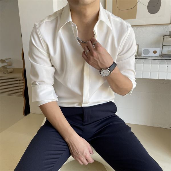 輕熟風隱藏暗扣設計春秋職業襯衫男長袖商務正裝休閒純色韓版襯衣