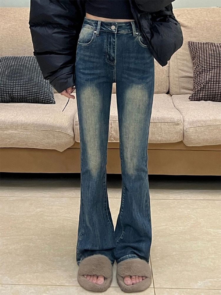 美式辣妹微喇牛仔褲女秋季新款做舊高腰緊身顯瘦直筒拖地喇叭褲子