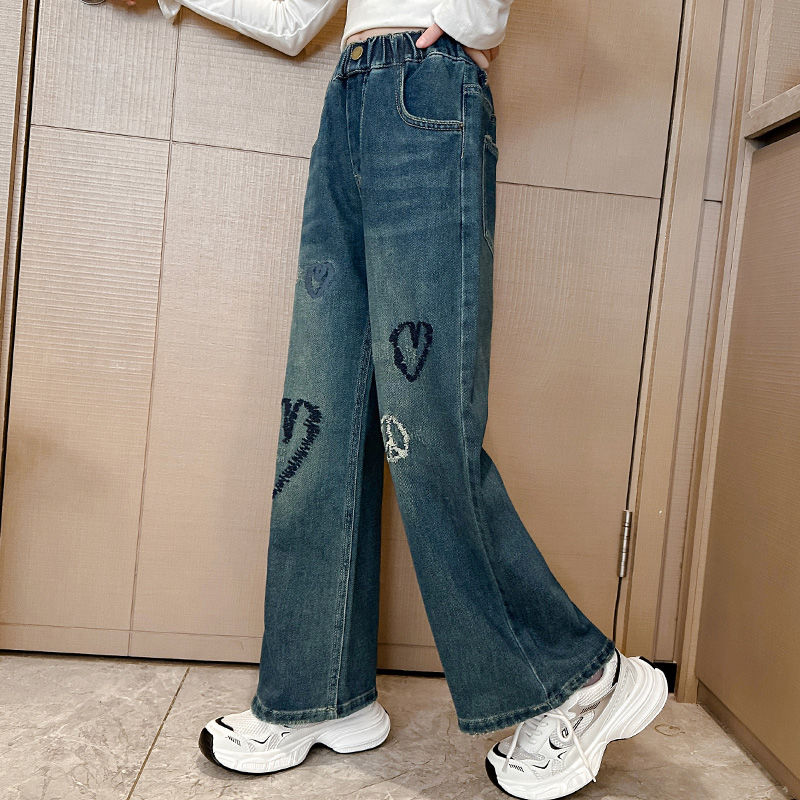 Girls' pants spring and autumn 2023 new style medium and large children's jeans fashionable autumn wide-leg pants children's autumn trousers