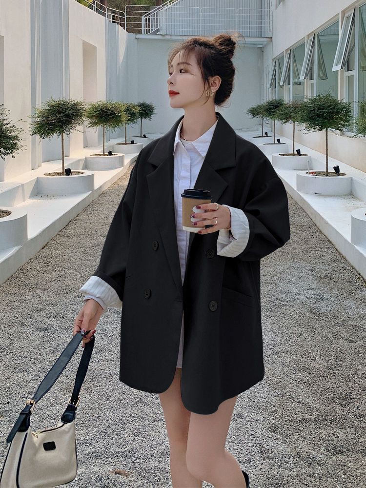 黑色西裝外套女大碼春秋款韓版氣質休閒時尚百搭雙排扣洋氣上衣女
