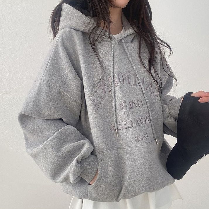 連帽衛衣女裝中長款2023年新款韓版刺繡棉寬鬆春秋冬加絨上衣薄款