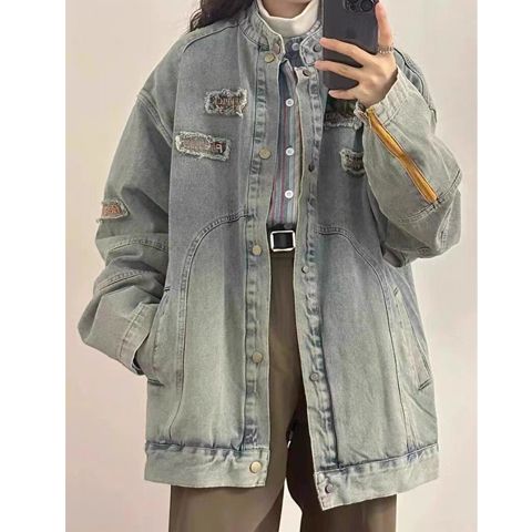 美式潮牌復古水洗牛仔外套女春秋新款寬鬆百搭刺繡棒球服夾克上衣