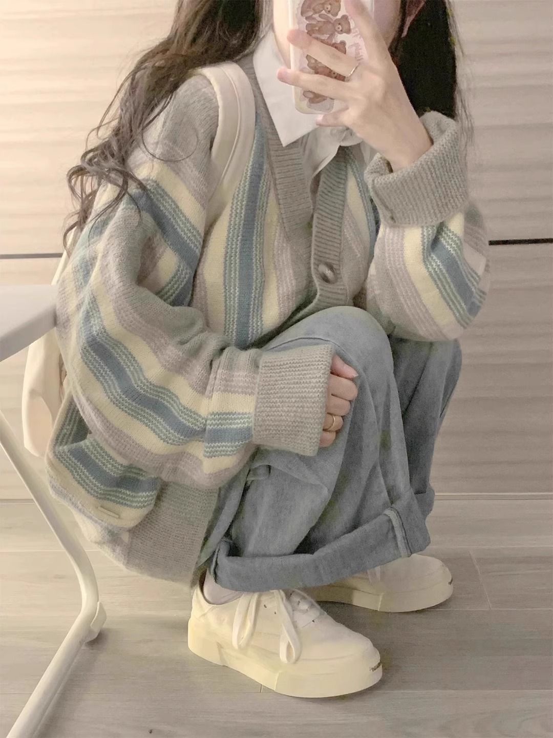日系慵懶風條紋v領針織開衫外套女秋冬奶系軟糯毛衣寬鬆外穿上衣