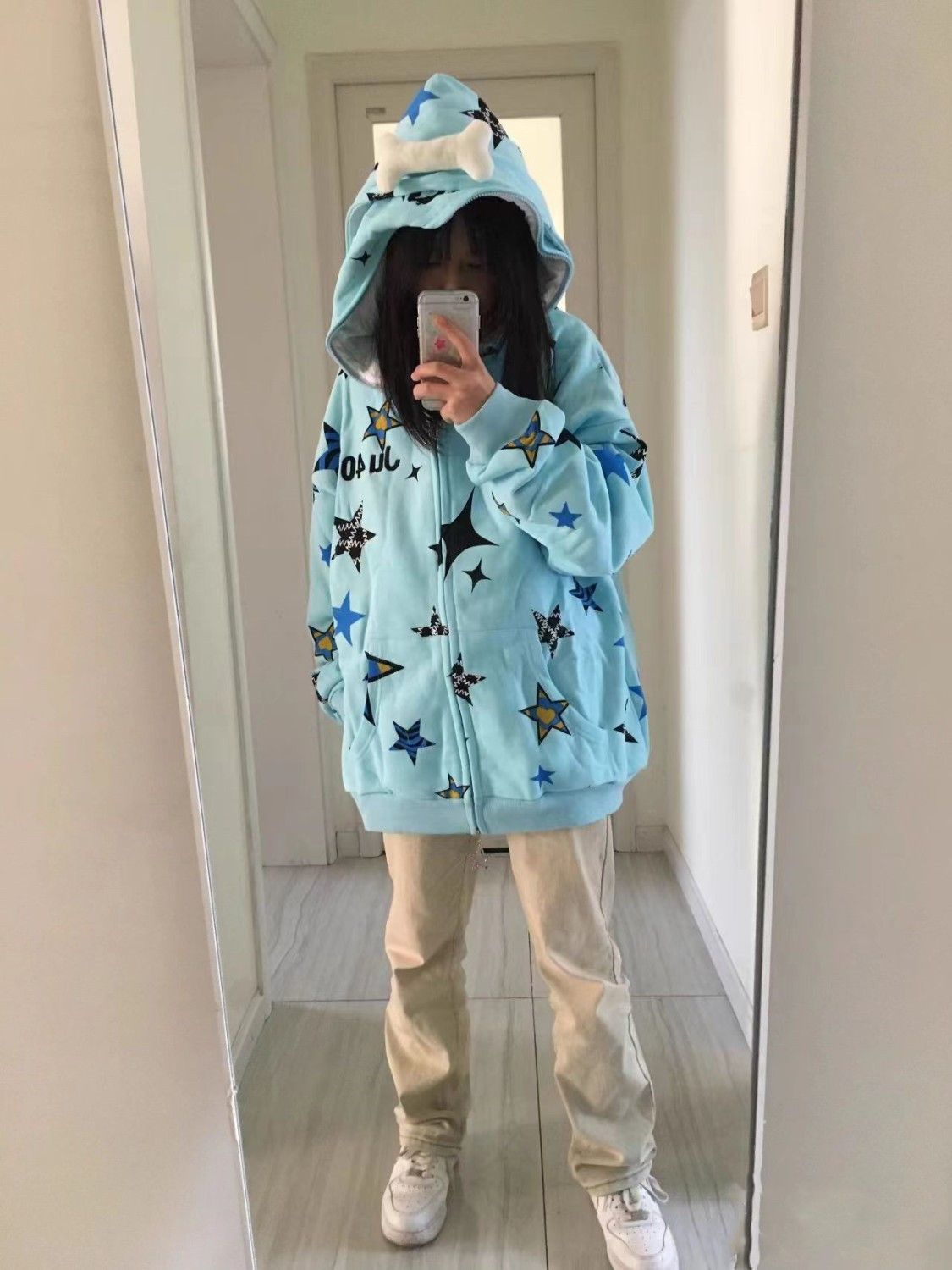 American trendy star-printed double-hooded sweatshirt for women in autumn Harajuku style casual loose couple cardigan jacket ins