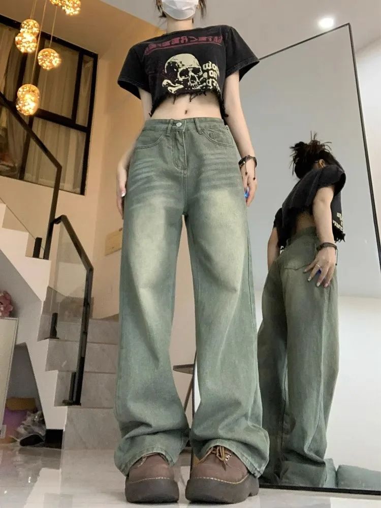 美式復古牛仔褲女秋季大碼胖mm高腰寬鬆梨形身材顯瘦直筒闊腿褲子