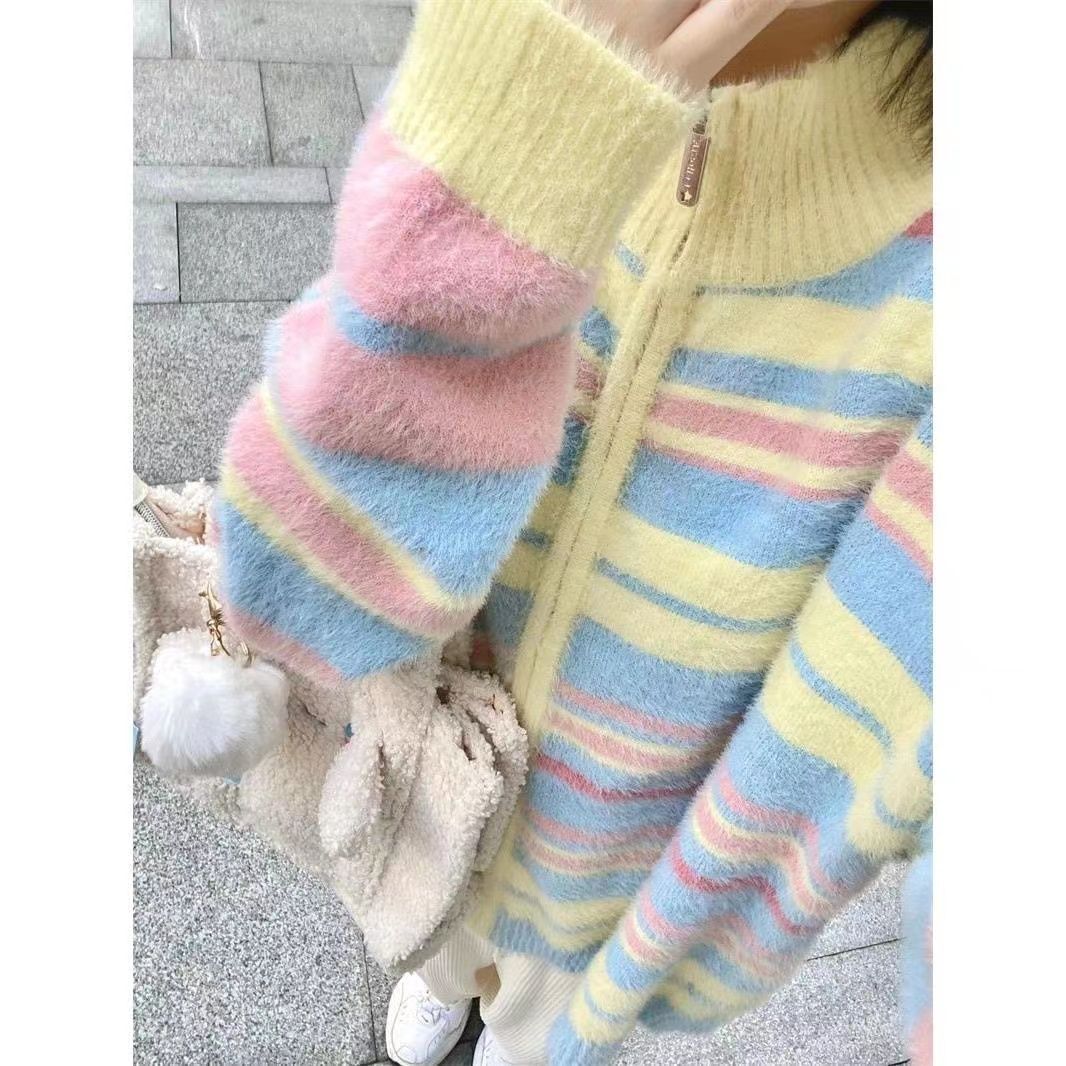 Japanese small sweater jacket women's new ins Internet celebrity hot style sweet, soft and waxy age-reducing striped knitted cardigan