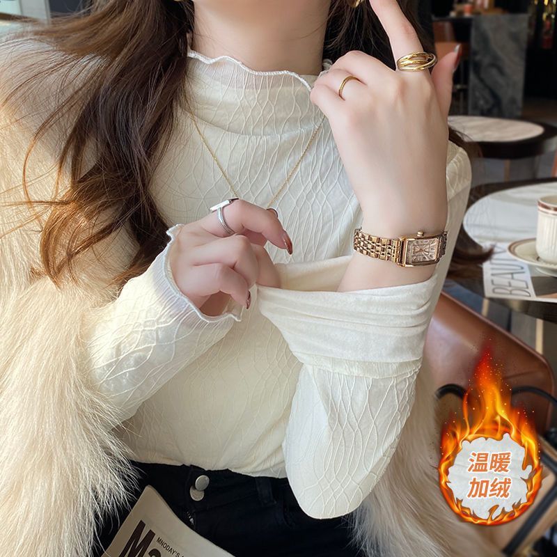木耳邊半高領蕾絲加絨打底衫女紗衣2023秋冬新款洋氣內搭小衫上衣