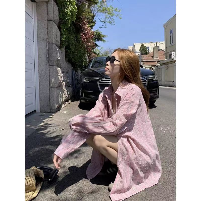 CONGRAZIO條紋襯衫女韓系寬鬆休閒襯衣慵懶風長袖早秋防曬衫開衫