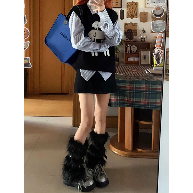 Three-piece suit 2023 new autumn college style knitted vest + striped shirt top + skirt for women