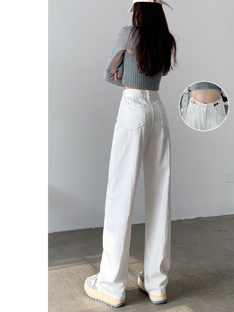YSYOURS白色闊腿牛仔褲女春秋高腰顯瘦百搭大碼寬鬆垂感直筒褲潮