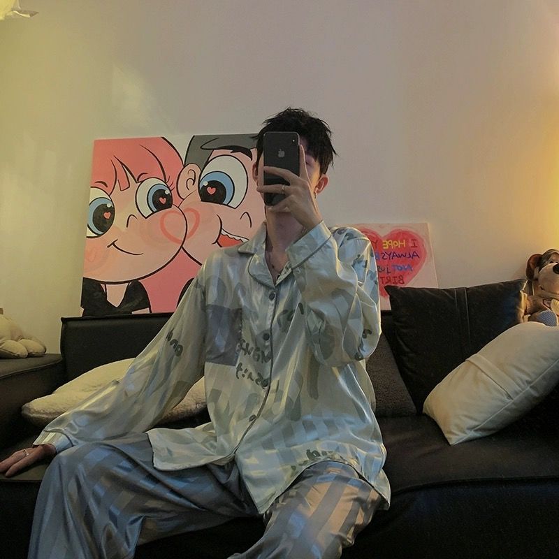 條紋睡衣男士春秋款長袖冰絲薄款男生秋冬絲綢家居服開衫兩件套裝