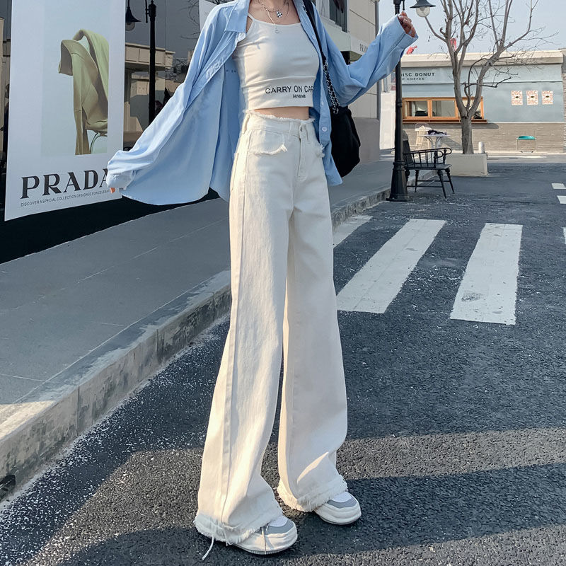 White high-waist raw edge straight jeans for women  spring and autumn new design niche wide-leg floor-length pants