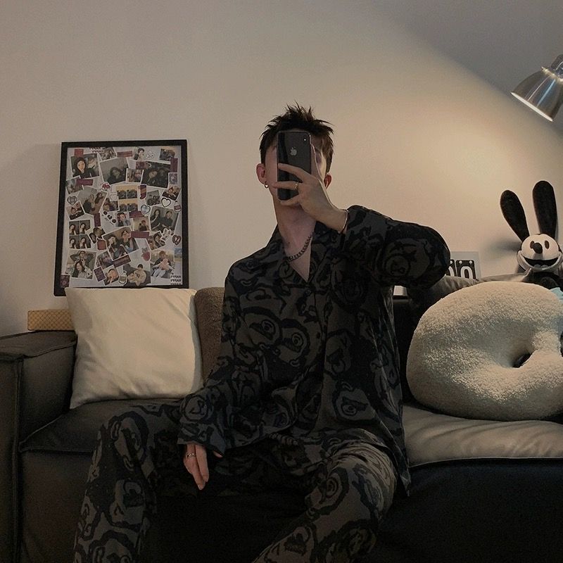 暴力熊睡衣男冰絲長袖春秋款ins網紅風男款秋季家居服學生套裝潮