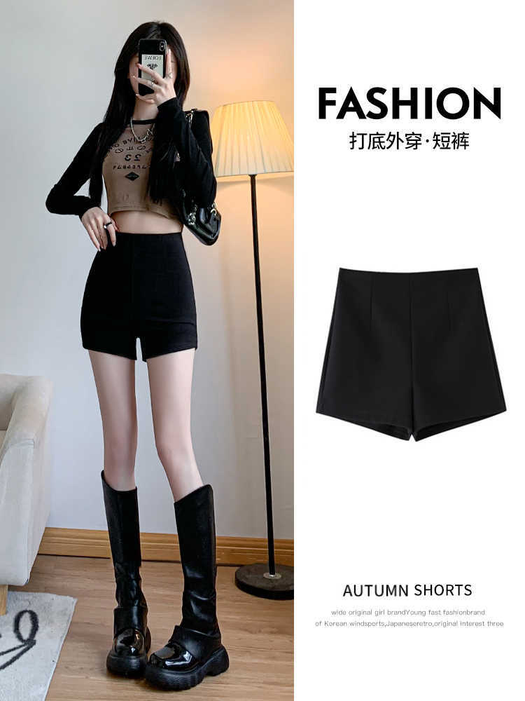 Velvet bottoming shorts for women in autumn and winter, anti-exposure safety pants with missing bottoms, black high-waisted women's group hot pants for women