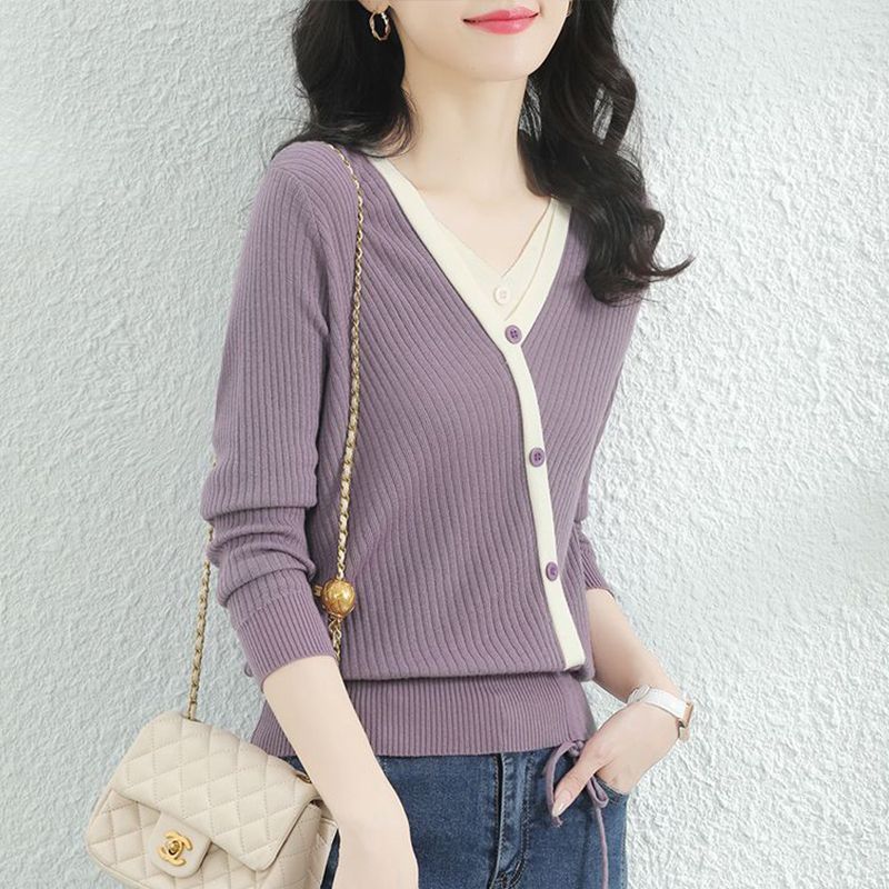 [Counter Quality] V-neck sweater for women, autumn new long-sleeved temperament, slim spring and autumn bottoming top sweater