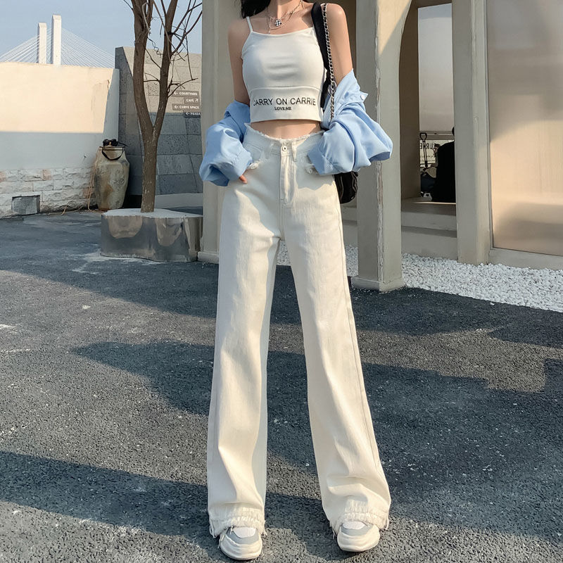 White high-waist raw edge straight jeans for women  spring and autumn new design niche wide-leg floor-length pants