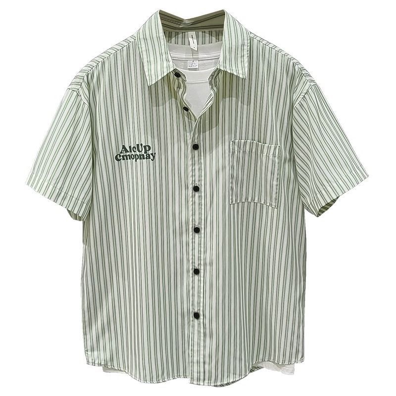 绿条纹短袖衬衫男士日系青年韩版夏季新款小众设计感时尚休闲衬衣