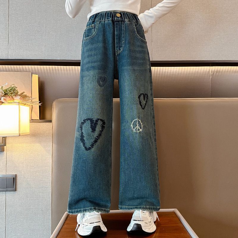 Girls' pants spring and autumn 2023 new style medium and large children's jeans fashionable autumn wide-leg pants children's autumn trousers