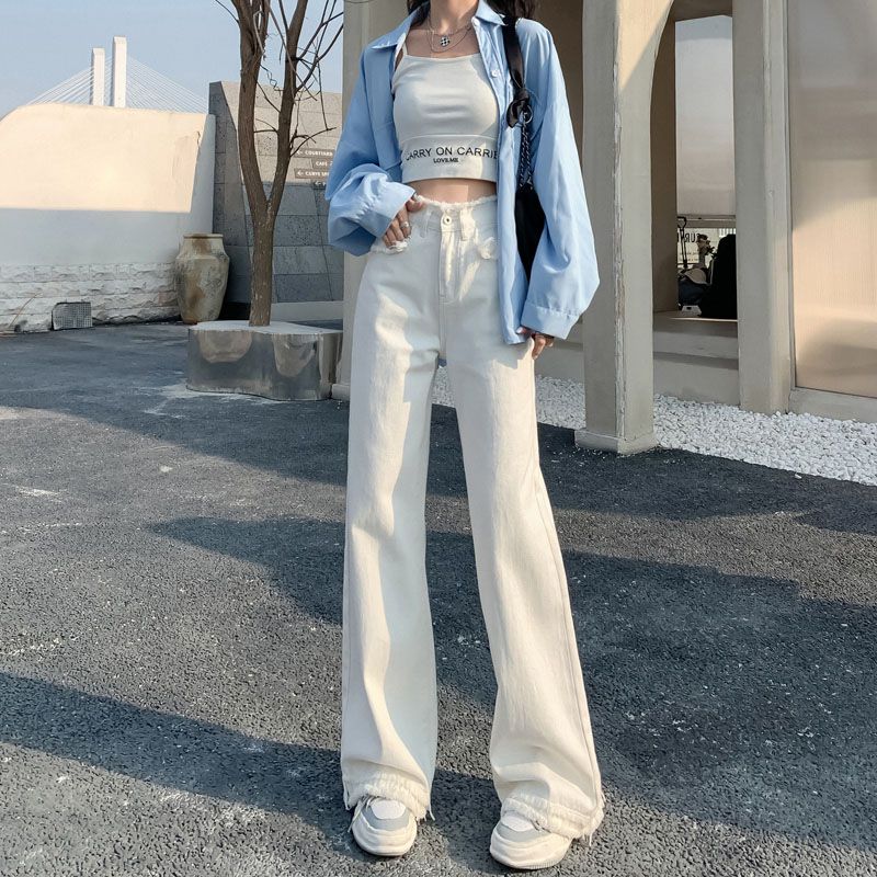 White high-waist raw edge straight jeans for women  spring and autumn new design niche wide-leg floor-length pants