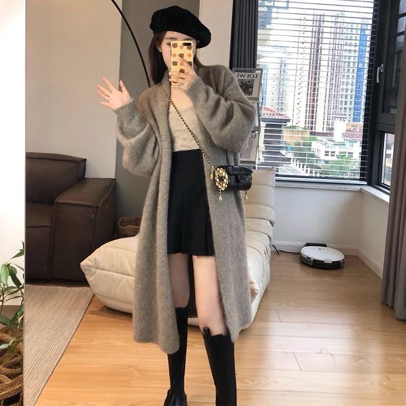 高級感灰色軟糯中長款毛衣小個子外套新款加厚慵懶風針織開衫大衣